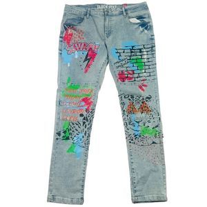 Black Pike Mens Graffiti Spray Paint Savage Distressed Stretch Skinny Denim Jean